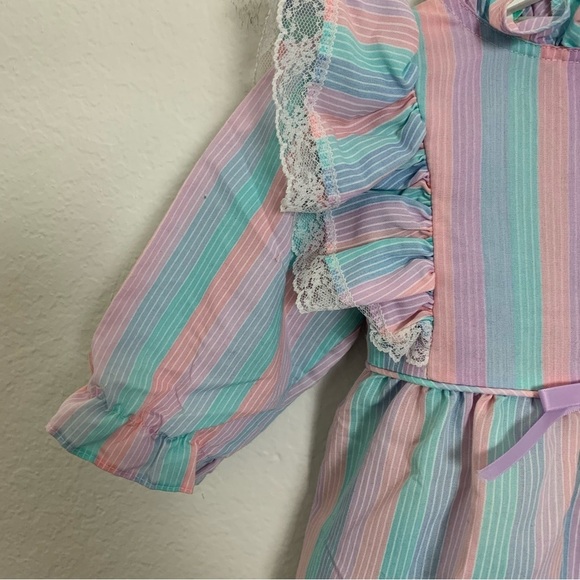 Vintage Toddler Girl Rainbow Stripe Dress 2T Lace Buttons Ribbon Kawaii Bow Cute - Picture 7 of 15